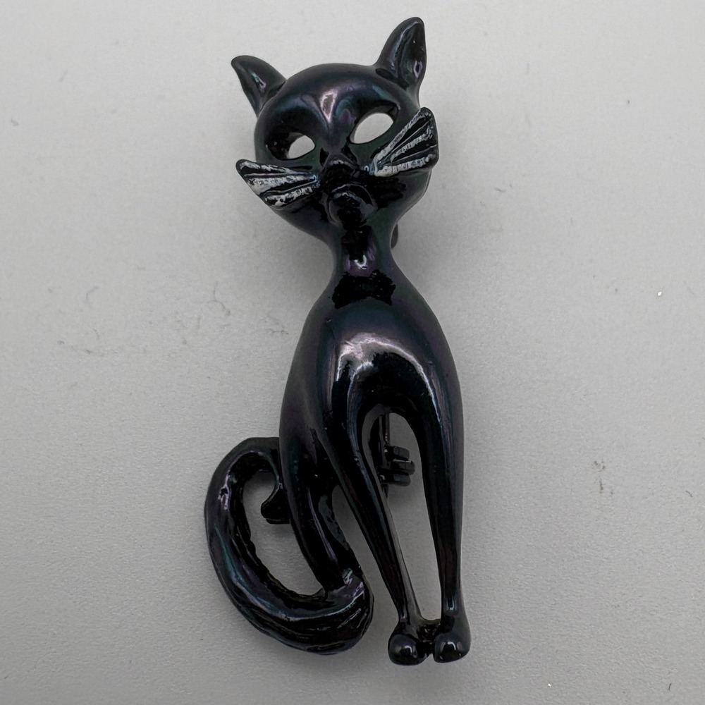Vtg Black Cat Enamel Mid Century Modern 70s Cat Brooch Pin Halloween Novelty